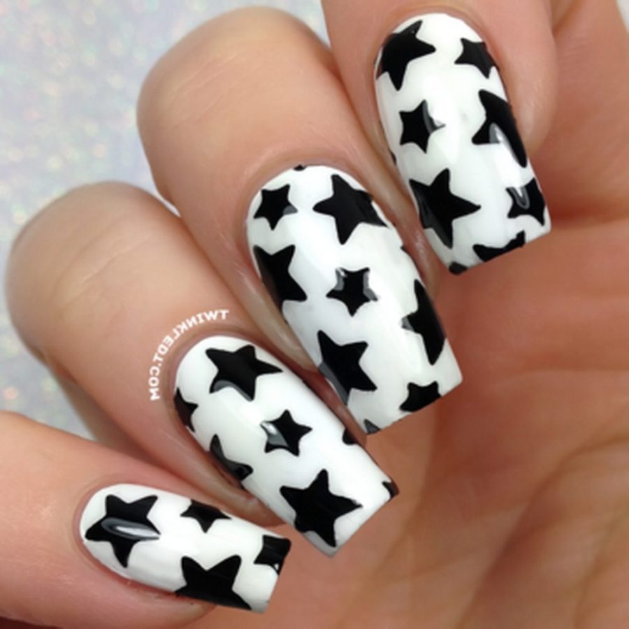 white and black stars nails